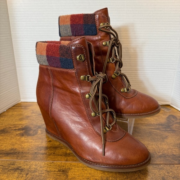 JOHNSTON & MURPHY Leather Wedge Boots Womens Size 10 Brown Lace Up Plaid Preppy - Picture 1 of 16